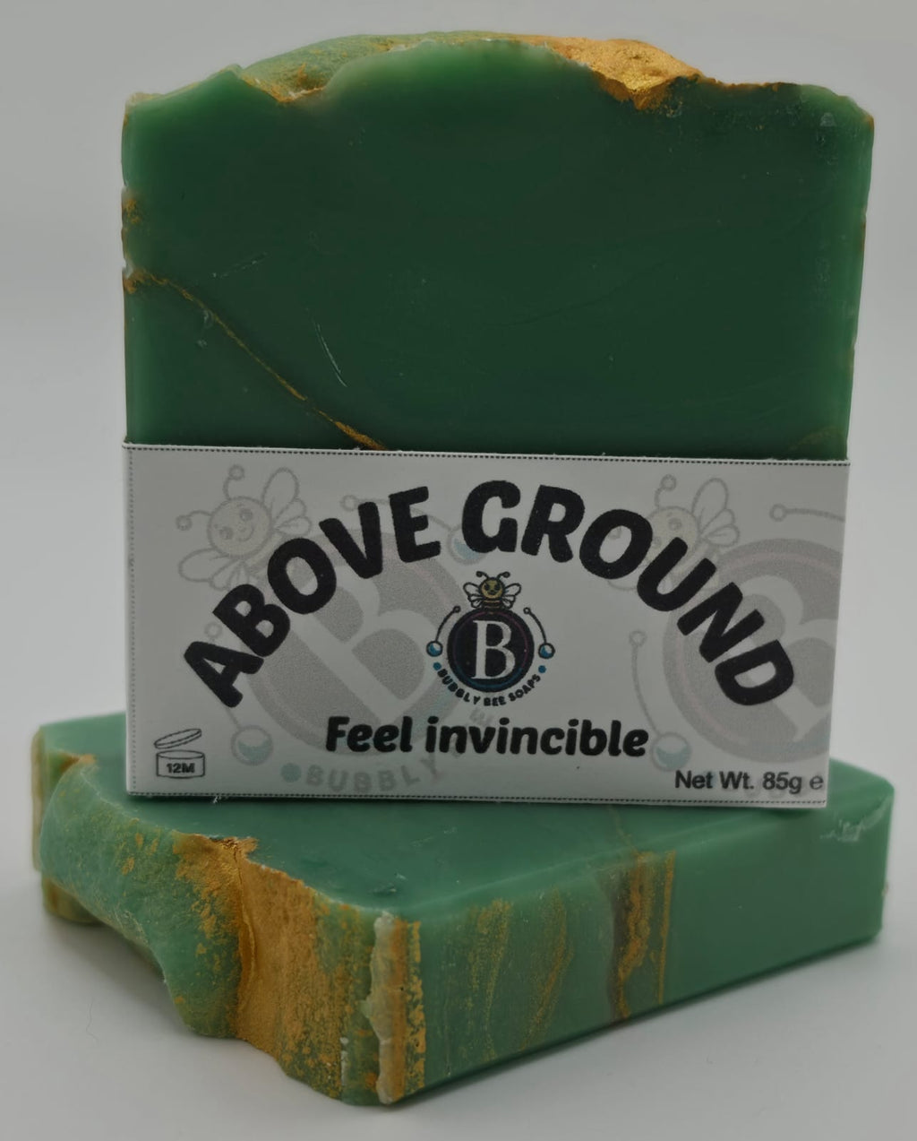 Green soap bar with 'Above Ground' label on a white background