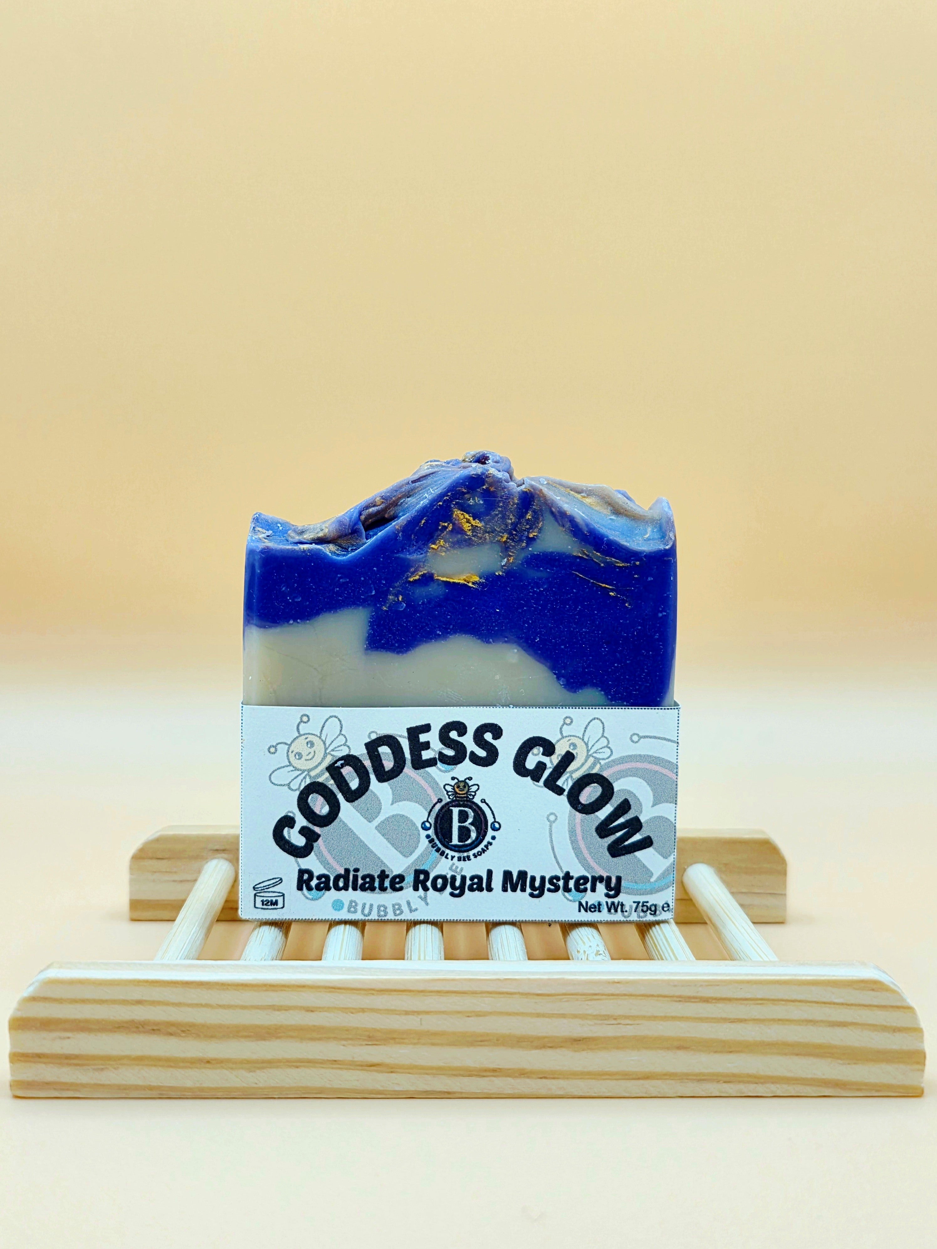 Bar of soap with a label on a wooden stand against a beige background